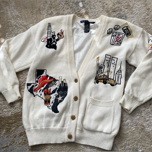 IB Diffusion Sweaters - Vintage 90s IB Diffusion White Knit Lined Cardigan Sweater Embroidered Patches S